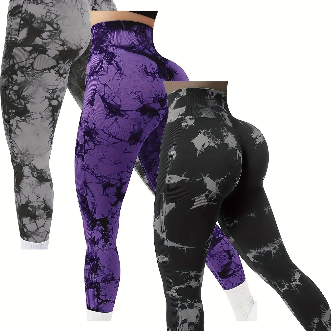 3pcs Women Tie Dye High Stretchy Yoga Leggings Pants - High Waist Butt Lifting Workout Tight Sports Pants - Made from Polyester & Spandex - Suitable for Yoga, Fitness & Workout - Perfect Gift for Women Who Love Sports